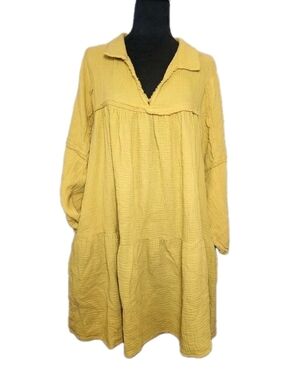 Ces Femme Yellow 100% Cotton Gauze Tiered Babydoll Tunic Dress Cover-Up Size L
